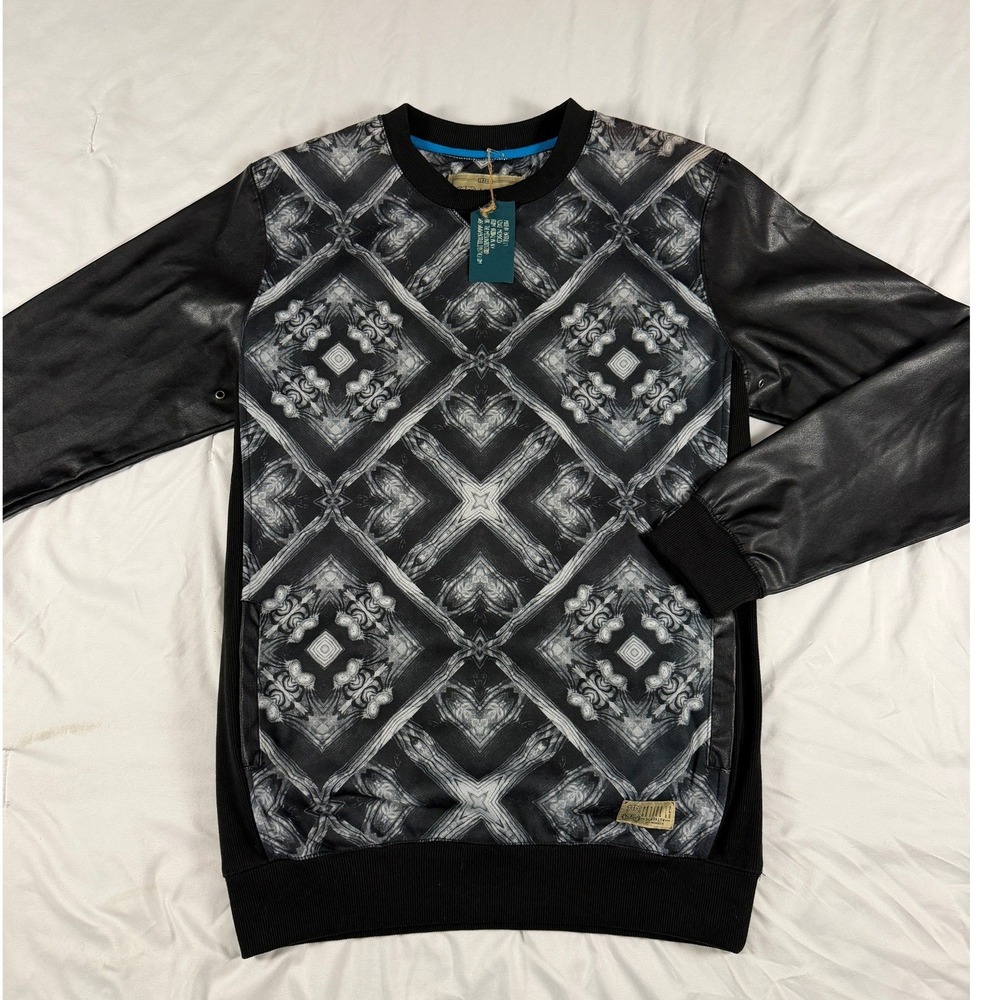 Entree LS Mens Large Black Faux Leather Sleeve Kaleidoscope Print Sweatshirt NWT